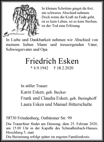 Traueranzeige von Friedrich Esken von WVW Anzeigenblätter