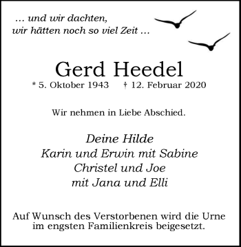 Traueranzeige von Gerd Heedel von WVW Anzeigenblätter