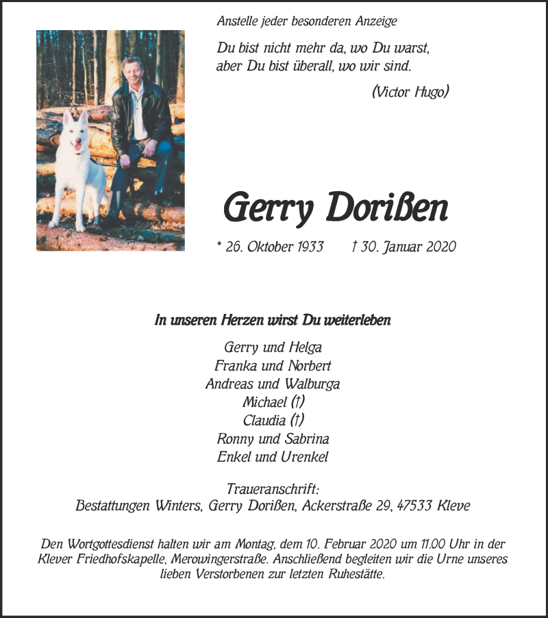  Traueranzeige für Gerry Dorißen vom 05.02.2020 aus WVW Anzeigenblätter