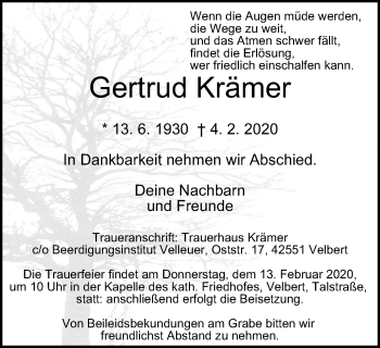 Traueranzeige von Gertrud Krämer von WVW Anzeigenblätter