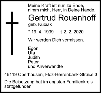 Traueranzeige von Gertrud Rouenhoff von WVW Anzeigenblätter