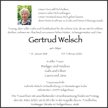 Traueranzeige von Gertrud Welsch von WVW Anzeigenblätter