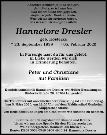 Traueranzeige von Hannelore Dresler von WVW Anzeigenblätter