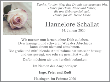 Traueranzeige von Hannelore Schallat von WVW Anzeigenblätter