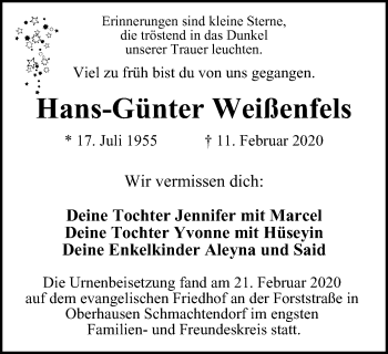 Traueranzeige von Hans-Günter Weißenfels von WVW Anzeigenblätter