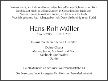 Traueranzeige von Hans-Rolf Müller von WVW Anzeigenblätter