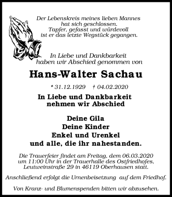 Traueranzeige von Hans-Walter Sachau von WVW Anzeigenblätter