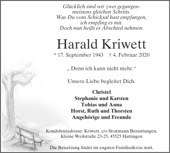 Traueranzeige von Harald Kriwett von WVW Anzeigenblätter