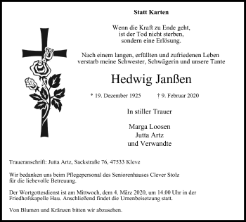 Traueranzeige von Hedwig Janßen von WVW Anzeigenblätter