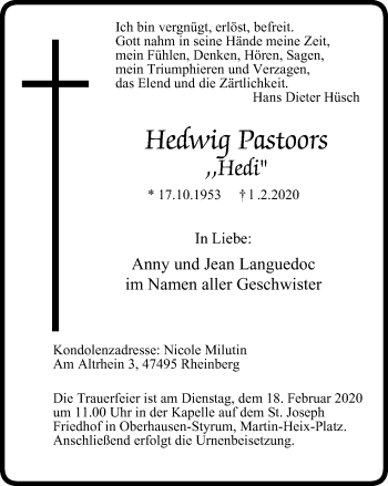 Traueranzeige von Hedwig Pastoors von WVW Anzeigenblätter