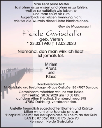 Traueranzeige von Heide Gwisdalla von WVW Anzeigenblätter
