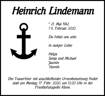 Traueranzeige von Heinrich Lindemann von WVW Anzeigenblätter