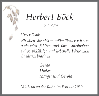 Traueranzeige von Herbert Böck von WVW Anzeigenblätter