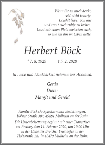 Traueranzeige von Herbert Böck von WVW Anzeigenblätter