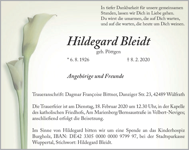 Traueranzeigen von Hildegard Bleidt TrauerinNRW.de