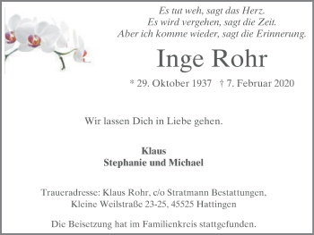 Traueranzeige von Inge Rohr von WVW Anzeigenblätter