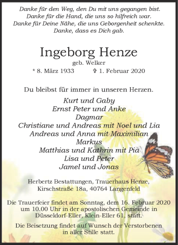 Traueranzeige von Ingeborg Henze von WVW Anzeigenblätter