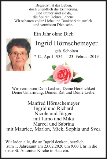 Traueranzeige von Ingrid Hörnschemeyer von WVW Anzeigenblätter