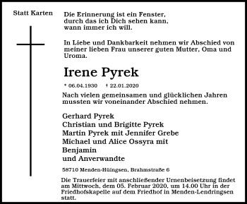Traueranzeige von Irene Pyrek von WVW Anzeigenblätter