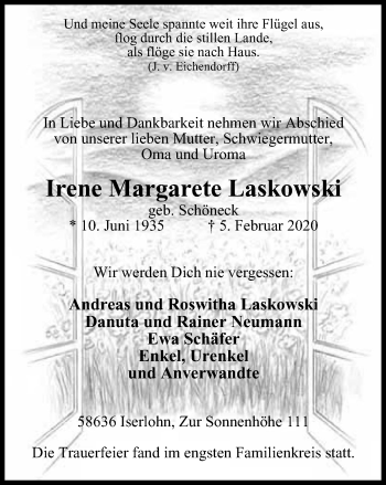 Traueranzeige von Irene Margarete Laskowski von WVW Anzeigenblätter