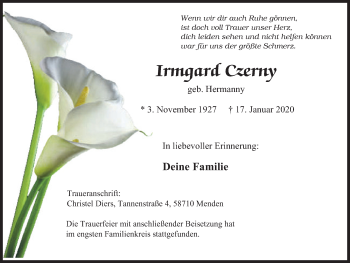 Traueranzeige von Irmgard Czerny von WVW Anzeigenblätter