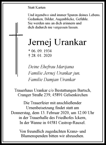 Traueranzeige von Jernej Urankar von WVW Anzeigenblätter