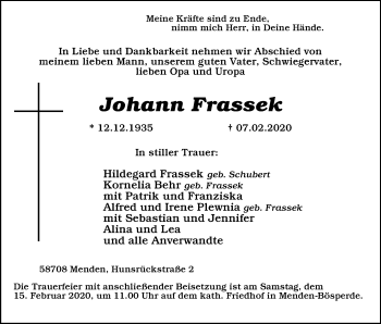Traueranzeige von Johann Frassek von WVW Anzeigenblätter