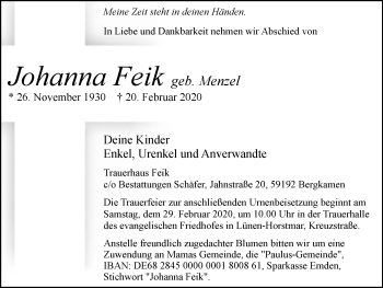 Traueranzeige von Johanna Feik von WVW Anzeigenblätter