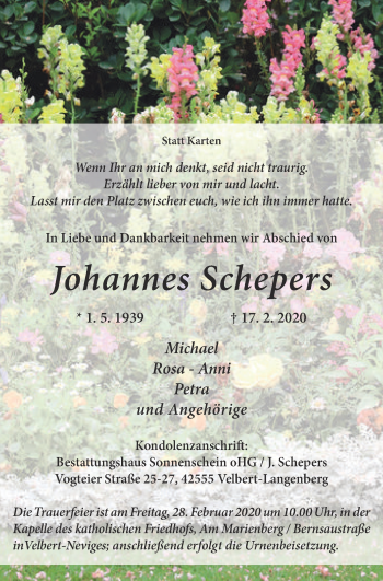 Traueranzeige von Johannes Schepers von WVW Anzeigenblätter