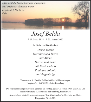 Traueranzeige von Josef Belda von WVW Anzeigenblätter