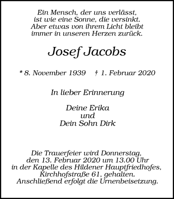 Traueranzeige von Josef Jacobs von WVW Anzeigenblätter