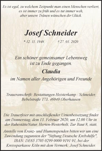 Traueranzeige von Josef Schneider von WVW Anzeigenblätter