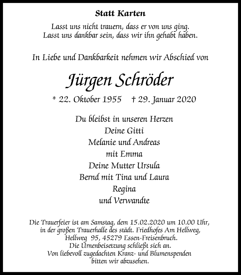  Traueranzeige für Jürgen Schröder vom 08.02.2020 aus WVW Anzeigenblätter