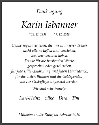 Traueranzeige von Karin Isbanner von WVW Anzeigenblätter