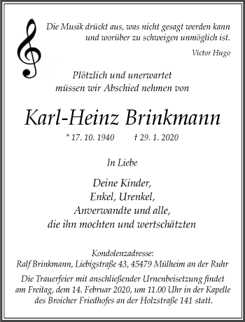 Traueranzeige von Karl-Heinz Brinkmann von WVW Anzeigenblätter