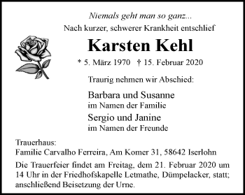 Traueranzeige von Karsten Kehl von WVW Anzeigenblätter