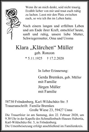 Traueranzeige von Klara  Müller von WVW Anzeigenblätter