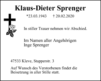 Traueranzeige von Klaus-Dieter Sprenger von WVW Anzeigenblätter