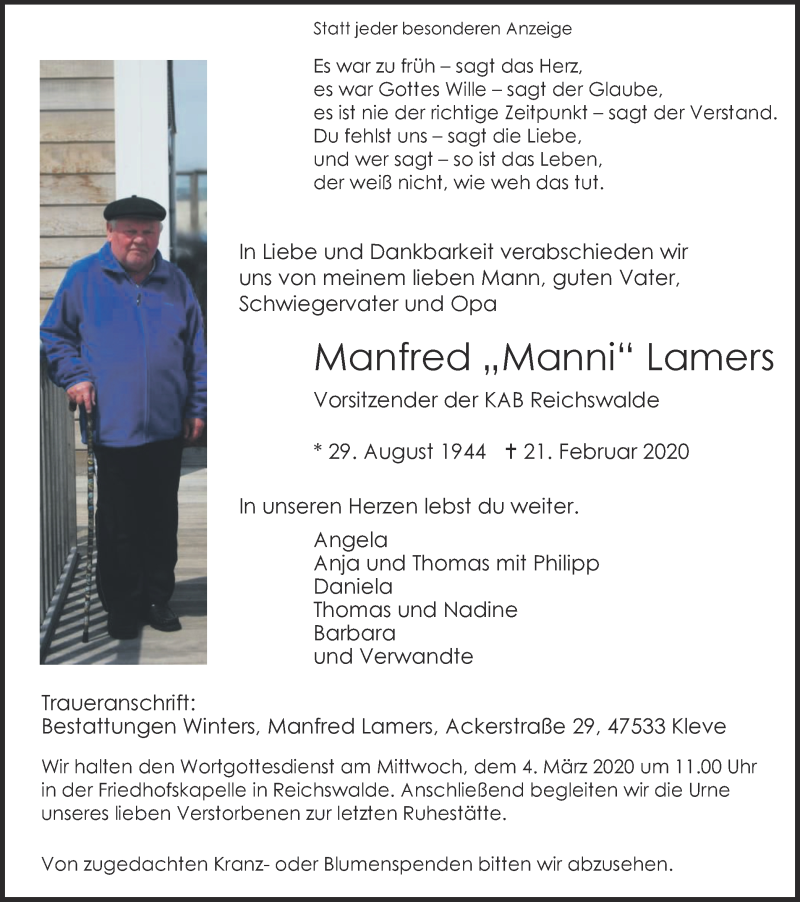  Traueranzeige für Manfred Lamers vom 29.02.2020 aus WVW Anzeigenblätter