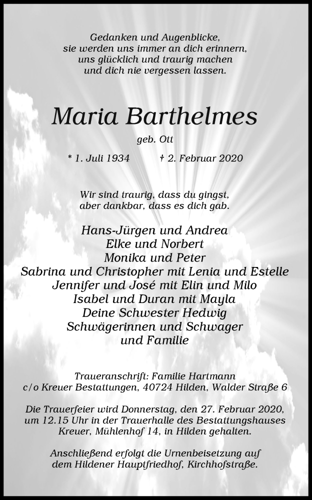  Traueranzeige für Maria Barthelmes vom 08.02.2020 aus WVW Anzeigenblätter