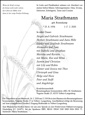 Traueranzeige von Maria Strathmann von WVW Anzeigenblätter