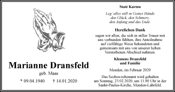 Traueranzeige von Marianne Dransfeld von WVW Anzeigenblätter