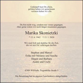 Traueranzeige von Marika Skonietzki von WVW Anzeigenblätter