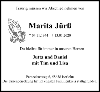 Traueranzeige von Marita Jürß von WVW Anzeigenblätter