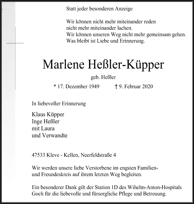  Traueranzeige für Marlene Heßler-Küpper vom 15.02.2020 aus WVW Anzeigenblätter