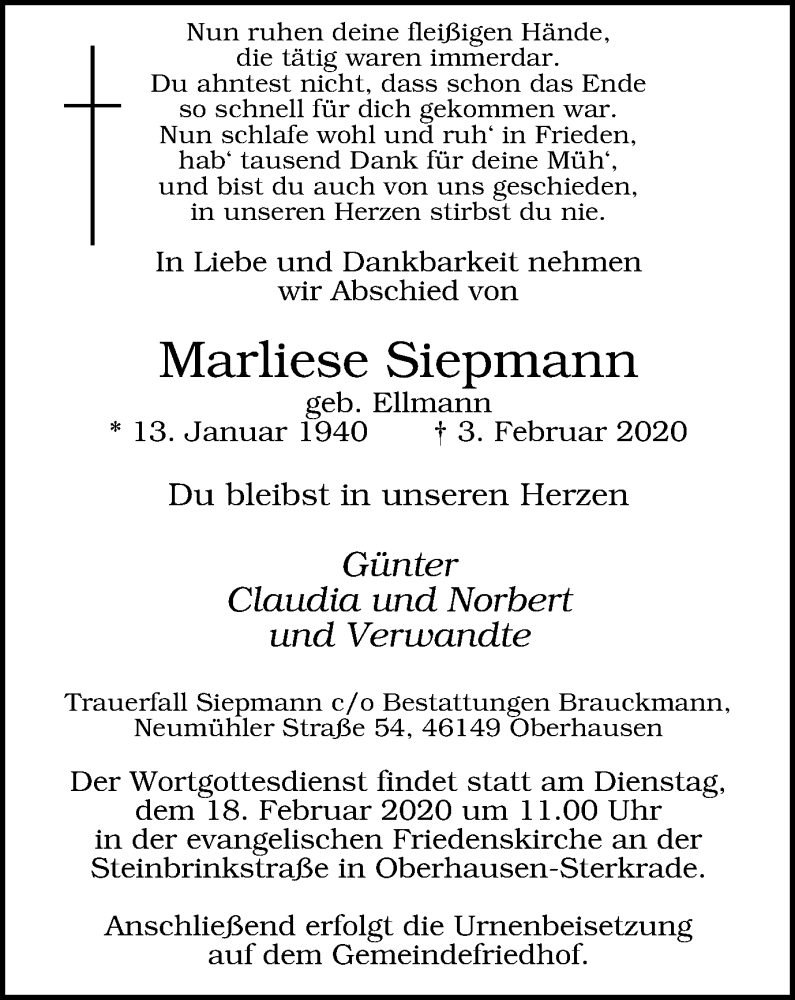  Traueranzeige für Marliese Siepmann vom 12.02.2020 aus WVW Anzeigenblätter