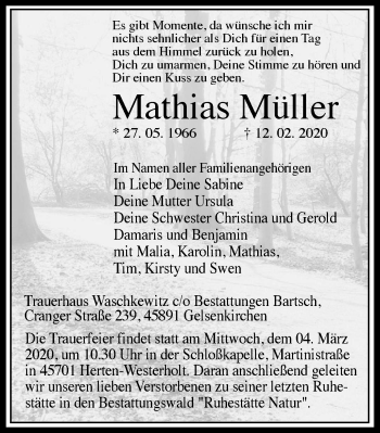 Traueranzeige von Mathias Müller von WVW Anzeigenblätter