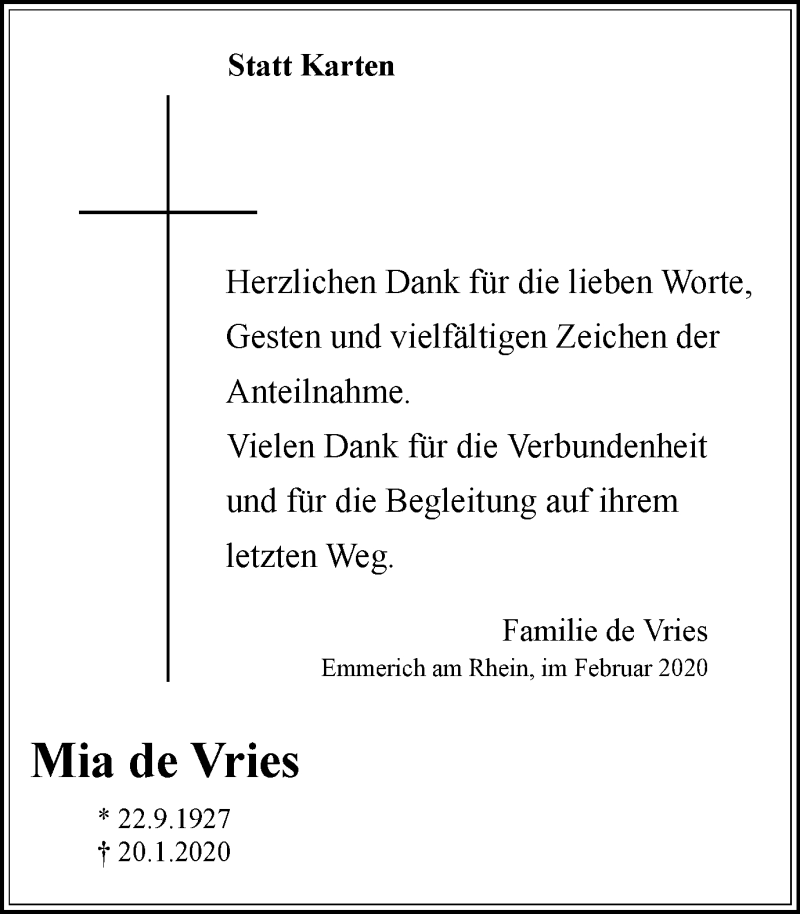  Traueranzeige für Mia de Vries vom 22.02.2020 aus WVW Anzeigenblätter