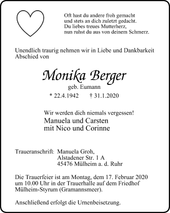 Traueranzeige von Monika Berger von WVW Anzeigenblätter