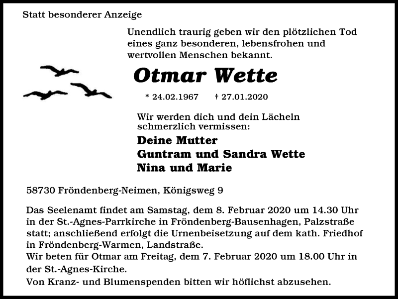  Traueranzeige für Otmar Wette vom 01.02.2020 aus WVW Anzeigenblätter